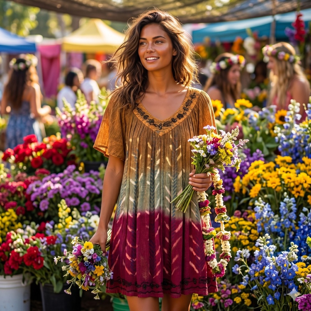 GreaterGood Tunic Dress Womens Multicolor Ombre Embroidered Boho Plus OSFM